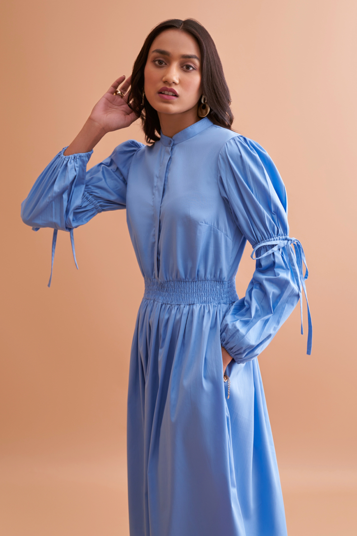 AMALFI SOLID LIGHT BLUE FINE COTTON QUALITY MIDI DRESS WITH FULL SLEEVES AND COLLARED NECK