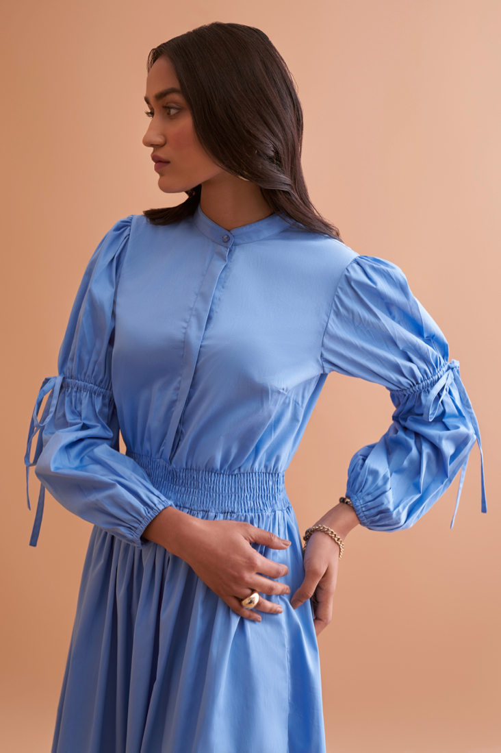AMALFI SOLID LIGHT BLUE FINE COTTON QUALITY MIDI DRESS WITH FULL SLEEVES AND COLLARED NECK