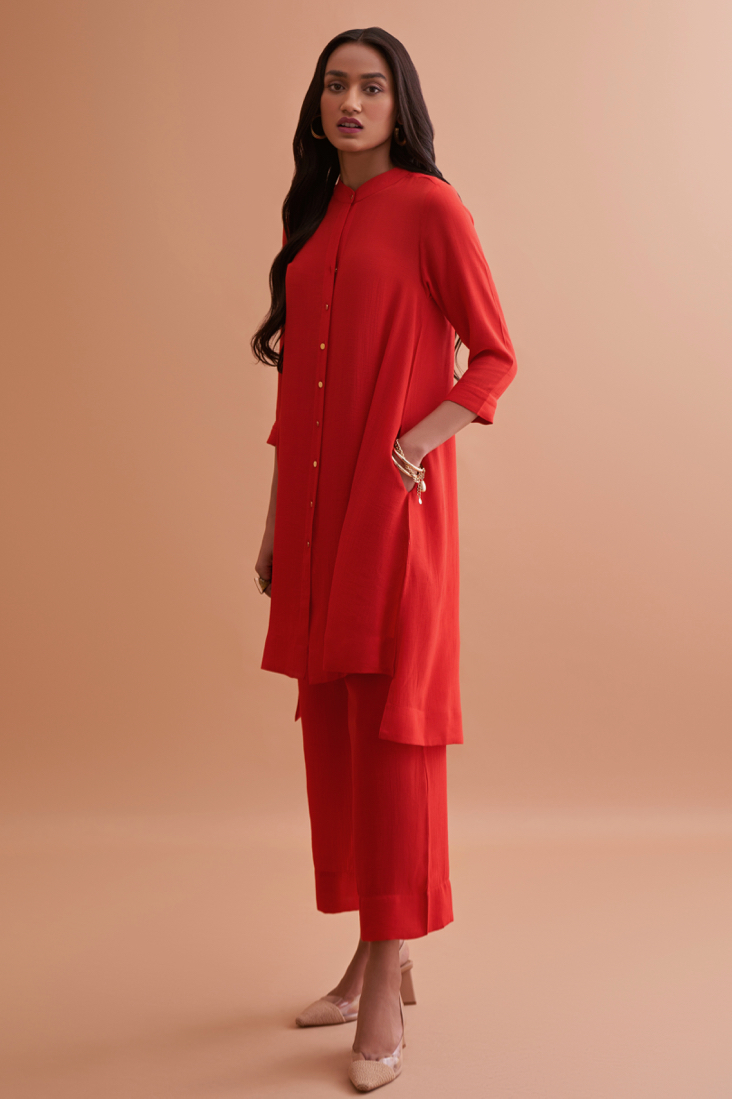 AMALFI SOLID RED RAYON CREPE TEXTURED FABRIC TUNIC AND PANTS CO-ORDINATE