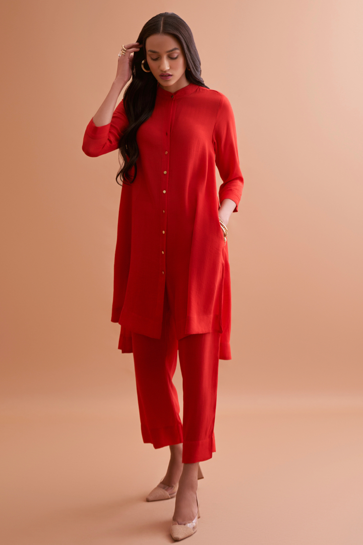 AMALFI SOLID RED RAYON CREPE TEXTURED FABRIC TUNIC AND PANTS CO-ORDINATE
