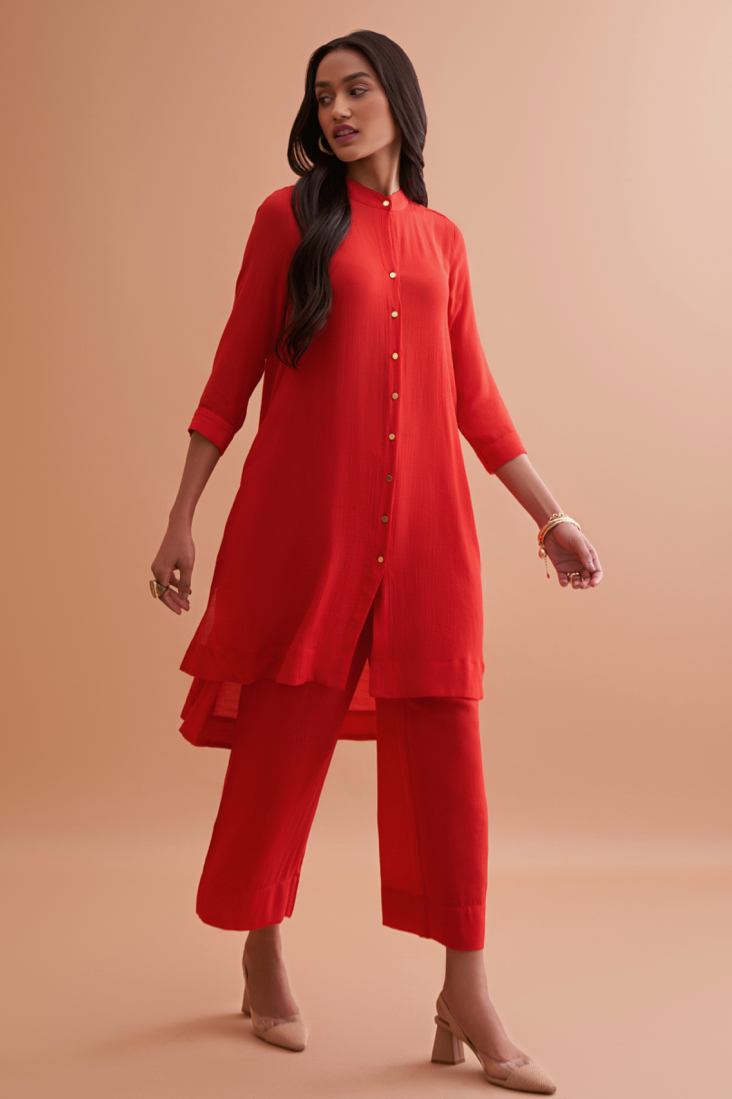 AMALFI SOLID RED RAYON CREPE TEXTURED FABRIC TUNIC AND PANTS CO-ORDINATE