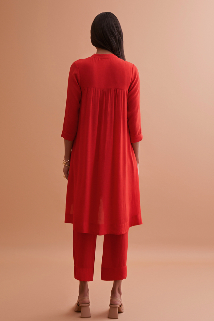 AMALFI SOLID RED RAYON CREPE TEXTURED FABRIC TUNIC AND PANTS CO-ORDINATE