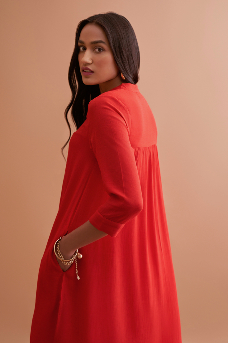 AMALFI SOLID RED RAYON CREPE TEXTURED FABRIC TUNIC AND PANTS CO-ORDINATE