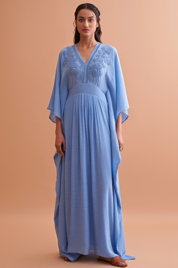 AMALFI SOLID LIGHT BLUE TEXTURED RAYON CREPE FULL LENGTH KAFTAN WITH HAND EMBROIDERED NECK