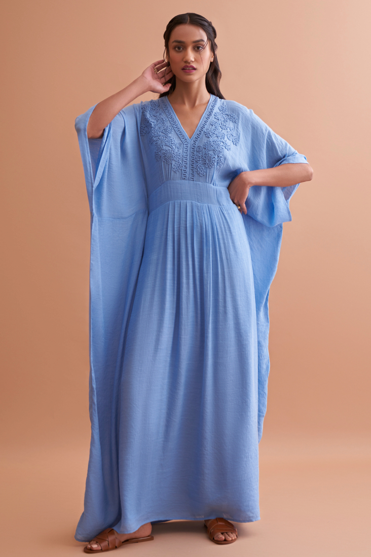 AMALFI SOLID LIGHT BLUE TEXTURED RAYON CREPE FULL LENGTH KAFTAN WITH HAND EMBROIDERED NECK