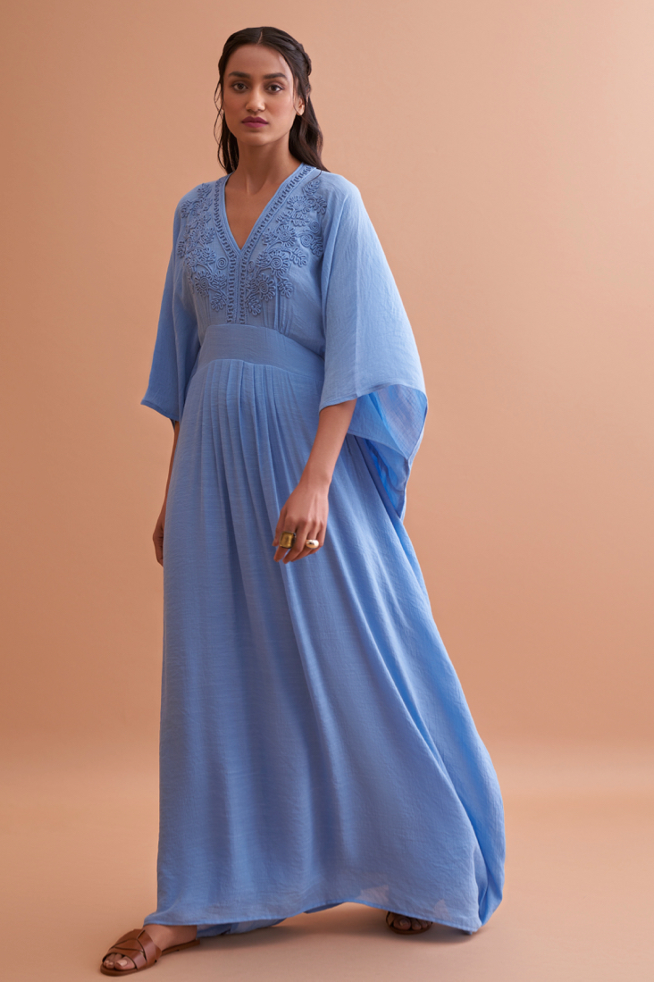 AMALFI SOLID LIGHT BLUE TEXTURED RAYON CREPE FULL LENGTH KAFTAN WITH HAND EMBROIDERED NECK