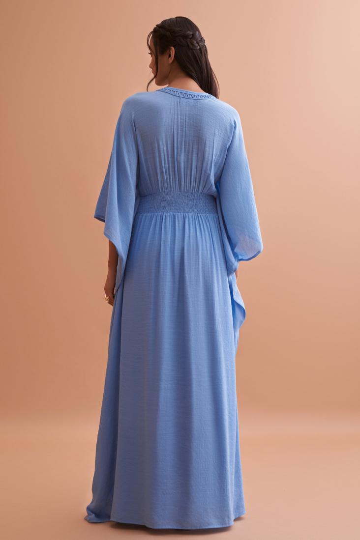 AMALFI SOLID LIGHT BLUE TEXTURED RAYON CREPE FULL LENGTH KAFTAN WITH HAND EMBROIDERED NECK