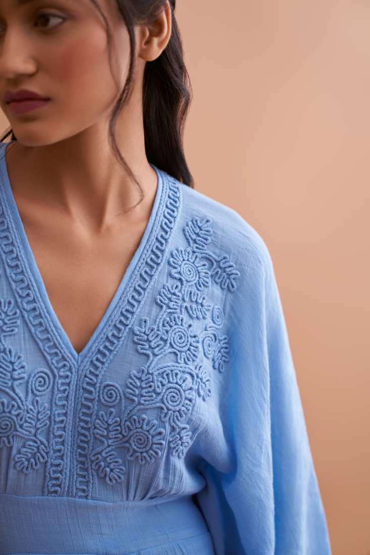 AMALFI SOLID LIGHT BLUE TEXTURED RAYON CREPE FULL LENGTH KAFTAN WITH HAND EMBROIDERED NECK
