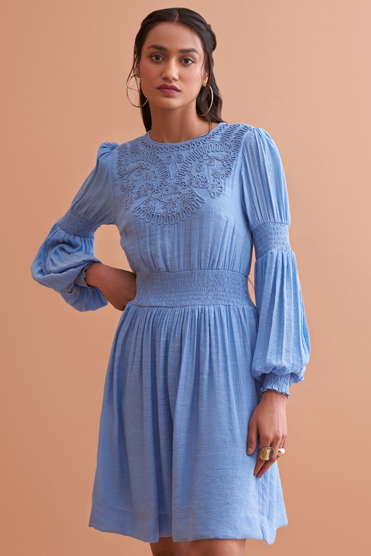 AMALFI SOILD LIGHT BLUE TEXTURED RAYON KNEE LENGTH DRESS WITH FULL SLEEVES AND HAND EMBROIDERY
