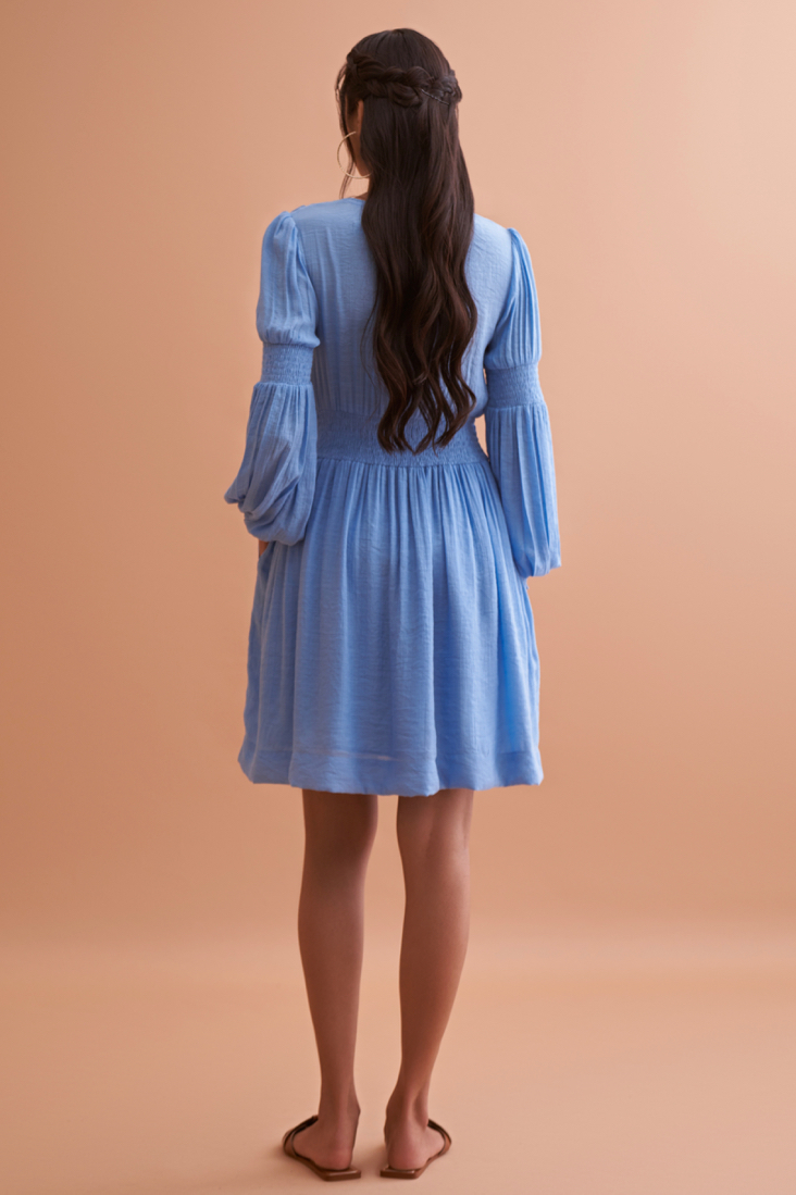 AMALFI SOILD LIGHT BLUE TEXTURED RAYON KNEE LENGTH DRESS WITH FULL SLEEVES AND HAND EMBROIDERY