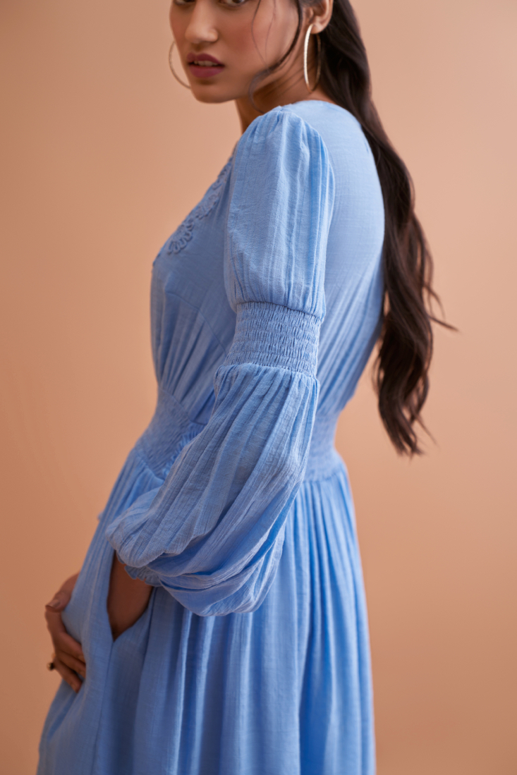AMALFI SOILD LIGHT BLUE TEXTURED RAYON KNEE LENGTH DRESS WITH FULL SLEEVES AND HAND EMBROIDERY