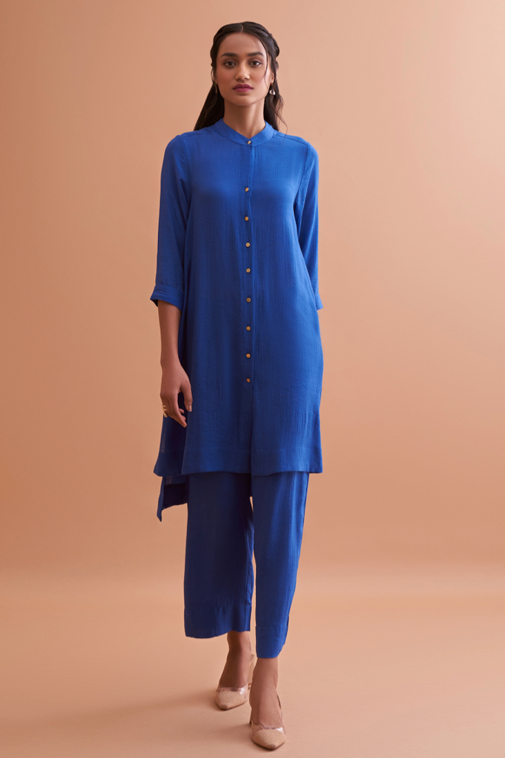 AMALFI SOLID BLUE RAYON CREPE  TEXTURED FABRIC 34TH LENGTH SLEEVES TUNIC AND PANT CO-ORDINATE