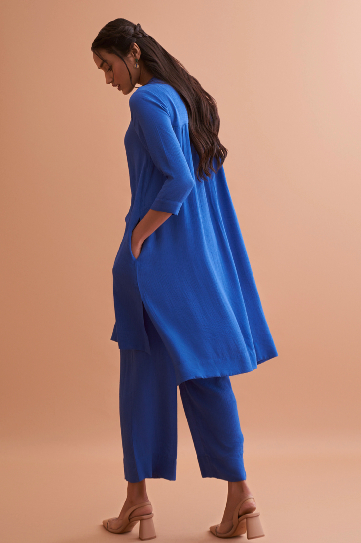 AMALFI SOLID BLUE RAYON CREPE  TEXTURED FABRIC 34TH LENGTH SLEEVES TUNIC AND PANT CO-ORDINATE