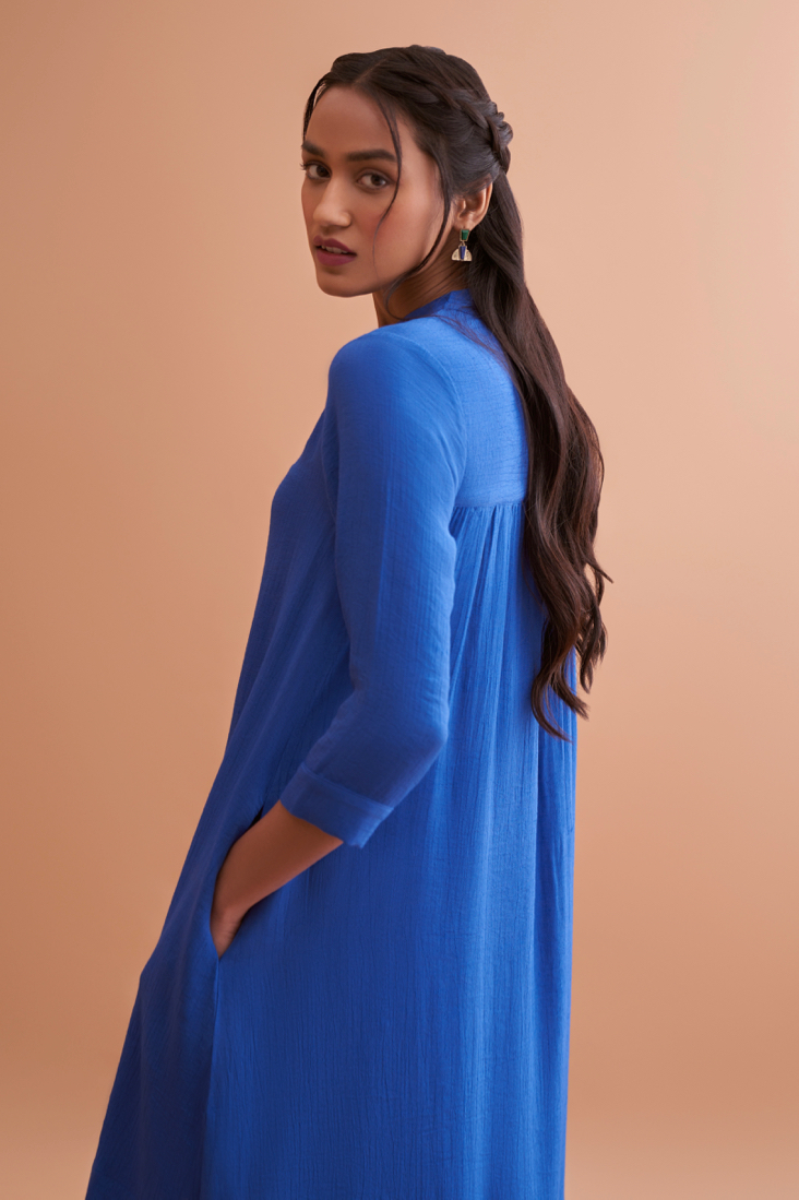 AMALFI SOLID BLUE RAYON CREPE  TEXTURED FABRIC 34TH LENGTH SLEEVES TUNIC AND PANT CO-ORDINATE