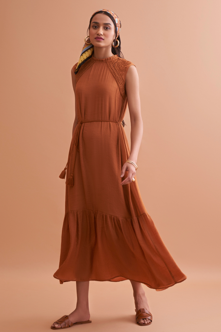 AMALFI SOLID BROWN TEXTURED RAYON CREPE MIDI LENGTH SLEEVELESS DRESS WITH HAND EMBROIDERY