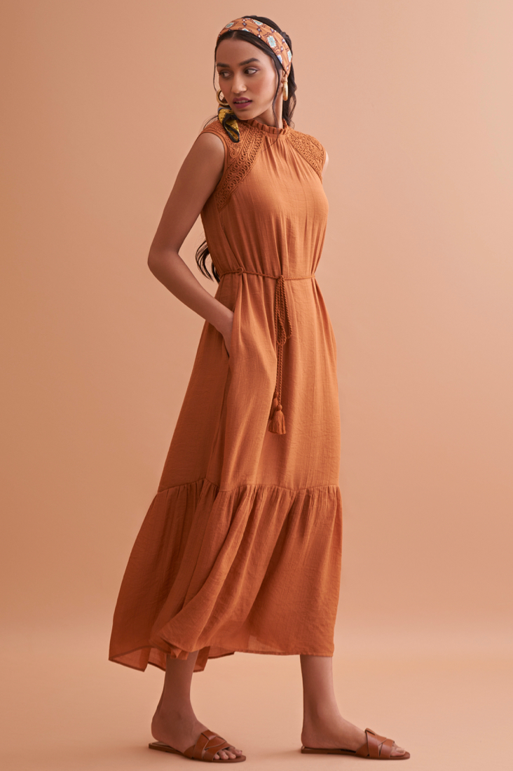 AMALFI SOLID BROWN TEXTURED RAYON CREPE MIDI LENGTH SLEEVELESS DRESS WITH HAND EMBROIDERY