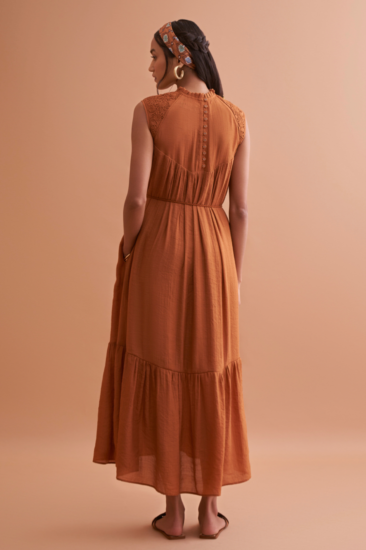 AMALFI SOLID BROWN TEXTURED RAYON CREPE MIDI LENGTH SLEEVELESS DRESS WITH HAND EMBROIDERY