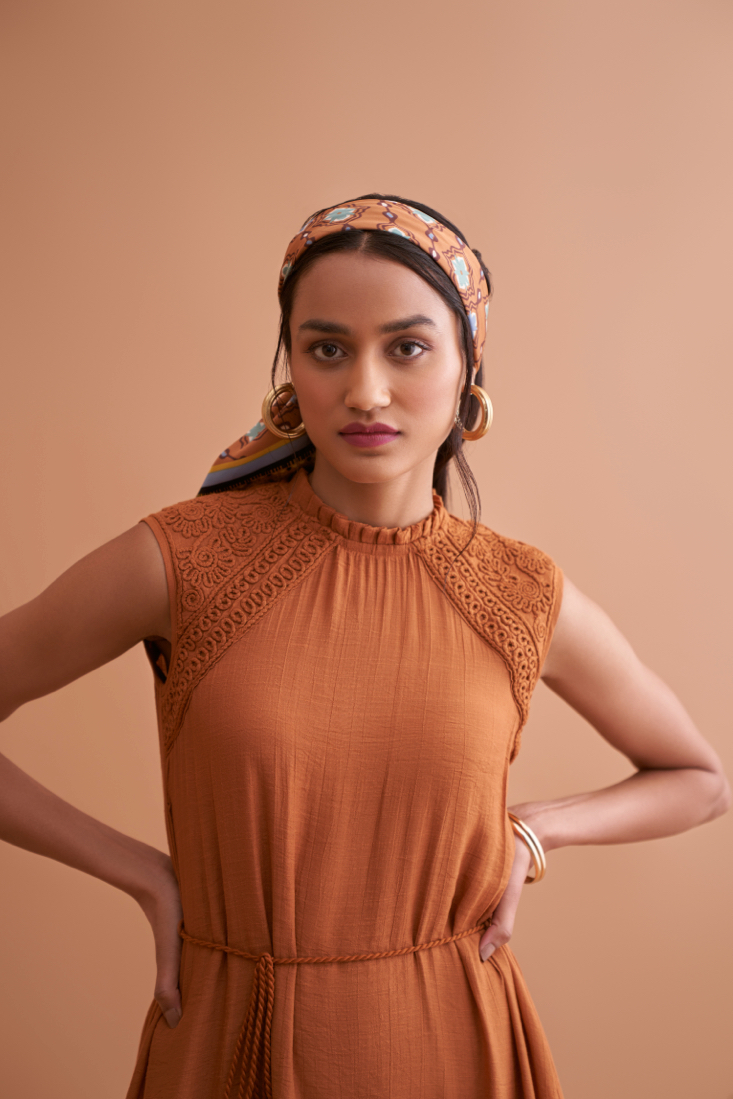 AMALFI SOLID BROWN TEXTURED RAYON CREPE MIDI LENGTH SLEEVELESS DRESS WITH HAND EMBROIDERY