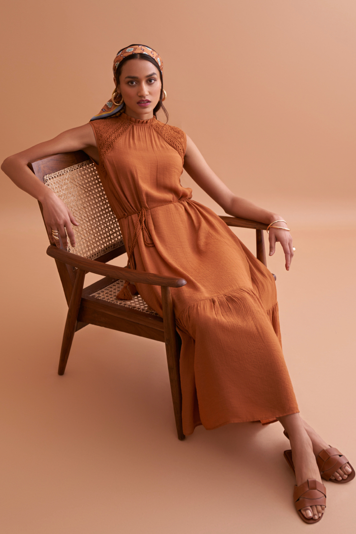 AMALFI SOLID BROWN TEXTURED RAYON CREPE MIDI LENGTH SLEEVELESS DRESS WITH HAND EMBROIDERY