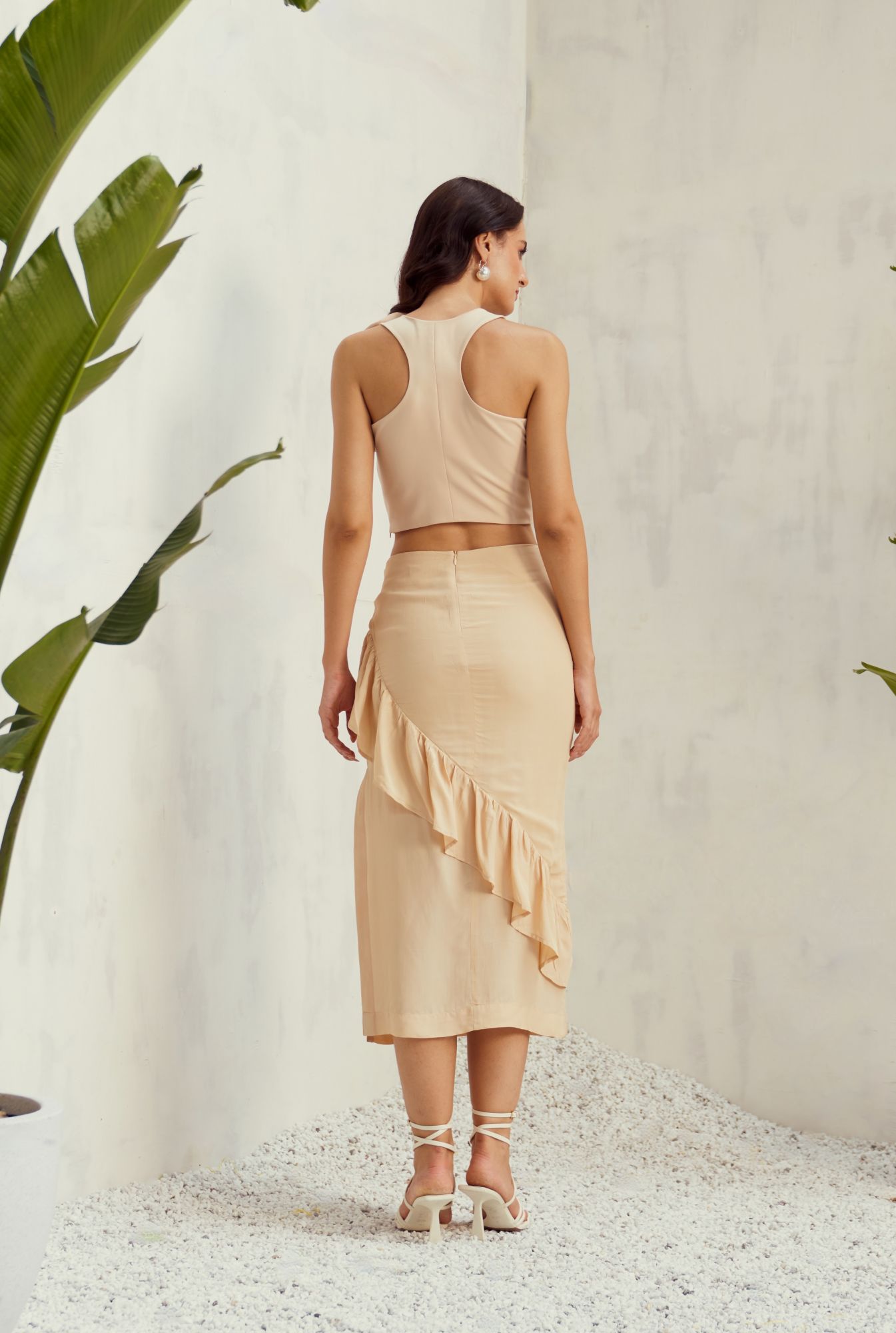 MALIBU-02 LIGHT BEIGE COLOR FLOWER DETAIL CROP TOP AND MIDI LENGTH FRILL SKIRT CO-ORD SET