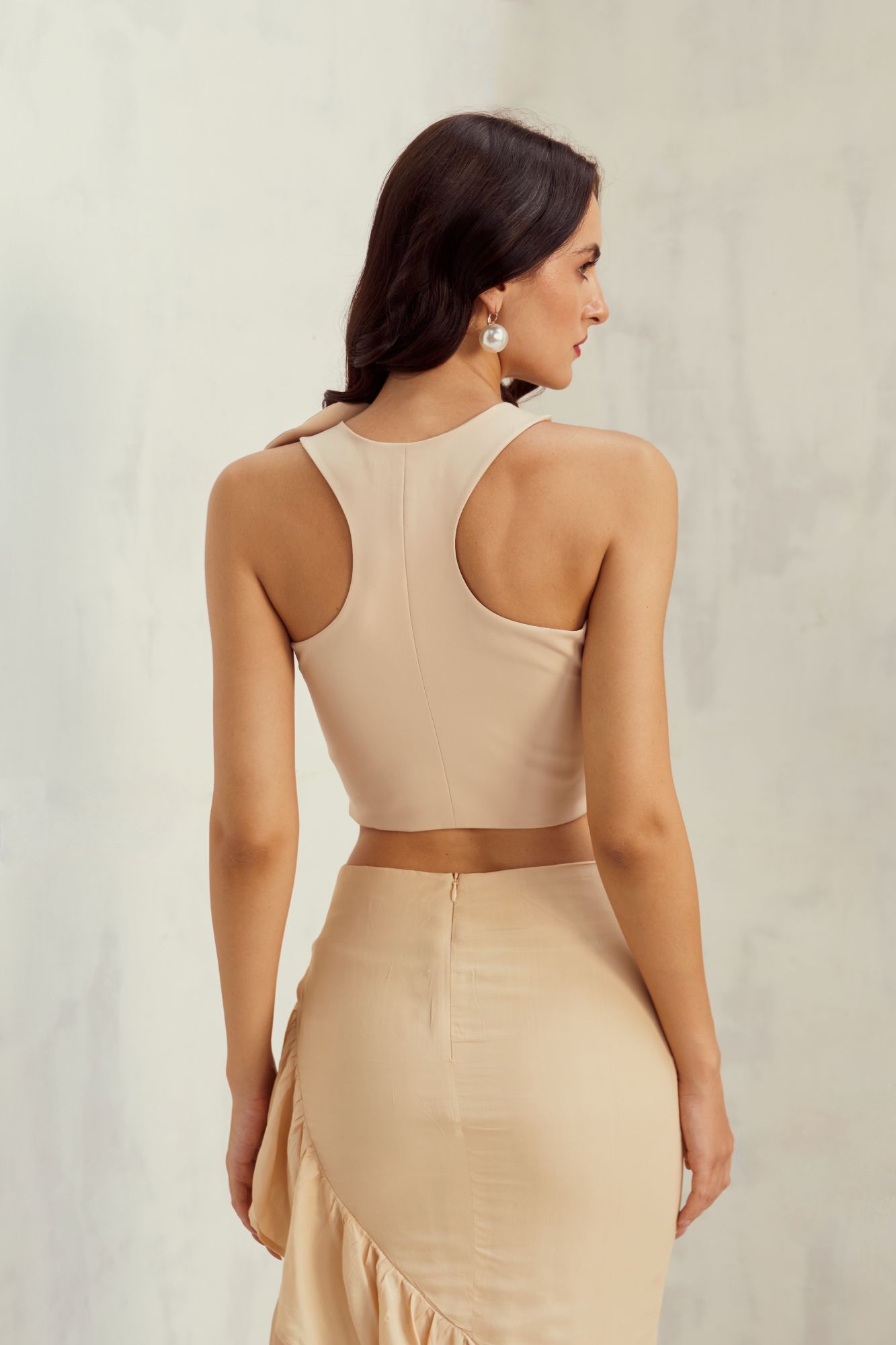 MALIBU-02 LIGHT BEIGE COLOR FLOWER DETAIL CROP TOP AND MIDI LENGTH FRILL SKIRT CO-ORD SET