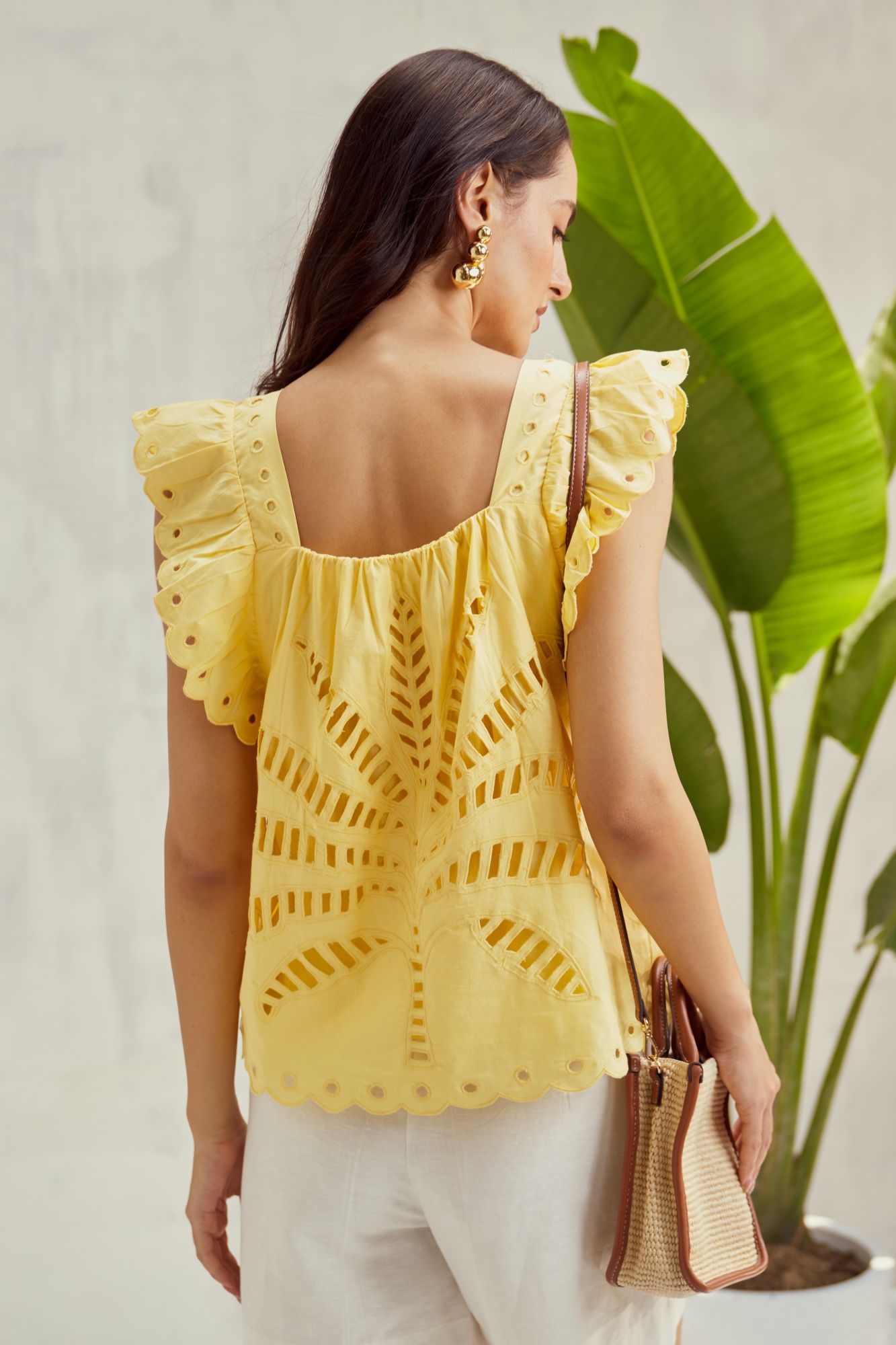 MALIBU-02 PASTEL YELLOW COTTON SUMMER TOP WITH CUTWORK EMBROIDERY