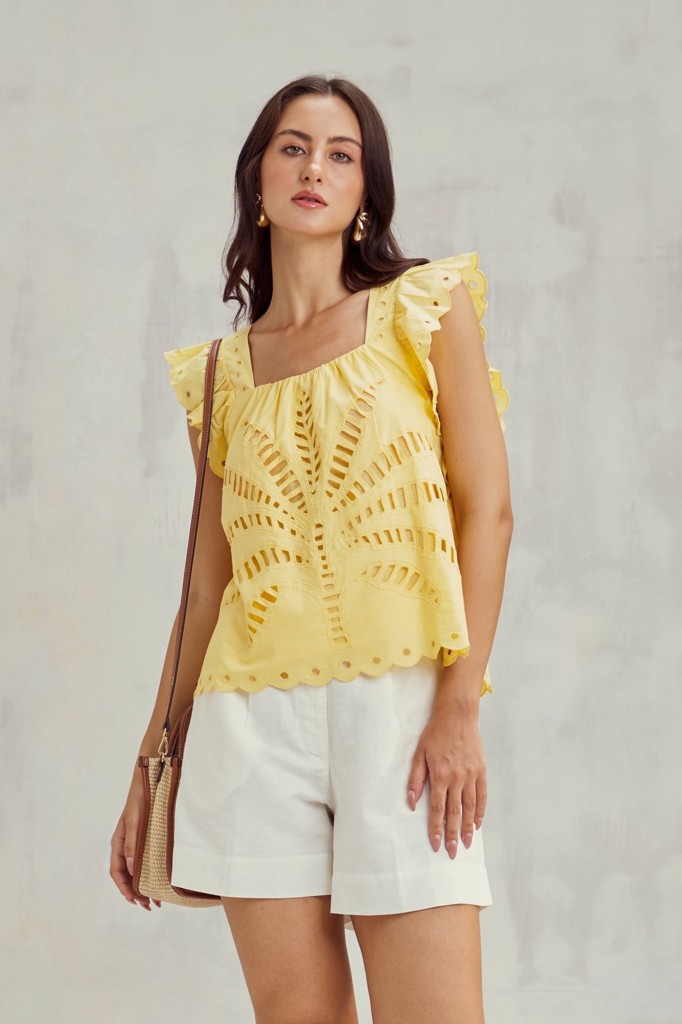 MALIBU-02 PASTEL YELLOW COTTON SUMMER TOP WITH CUTWORK EMBROIDERY