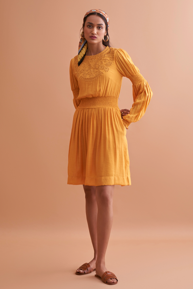 AMALFI SOLID YELLOW TEXTURED RAYON CREPE KNEE LENGTH DRESS WITH HAND EMBROIDERED NECK
