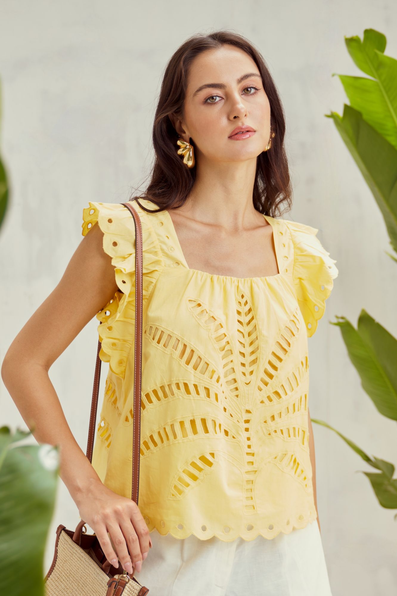 MALIBU-02 PASTEL YELLOW COTTON SUMMER TOP WITH CUTWORK EMBROIDERY