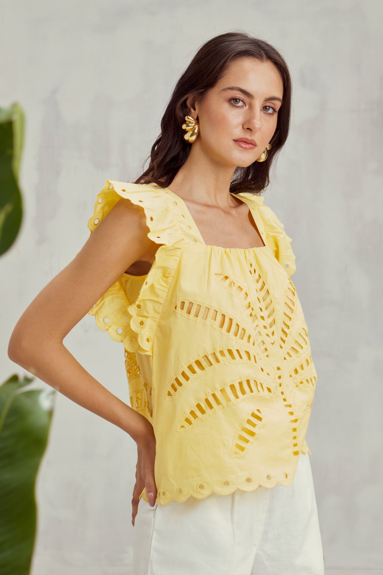 MALIBU-02 PASTEL YELLOW COTTON SUMMER TOP WITH CUTWORK EMBROIDERY