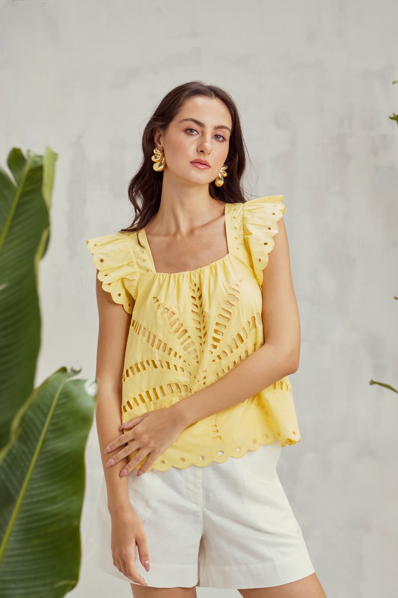 MALIBU-02 PASTEL YELLOW COTTON SUMMER TOP WITH CUTWORK EMBROIDERY