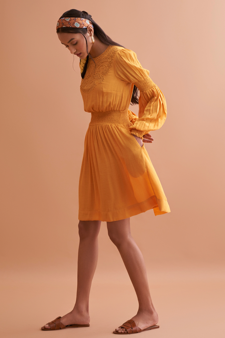 AMALFI SOLID YELLOW TEXTURED RAYON CREPE KNEE LENGTH DRESS WITH HAND EMBROIDERED NECK
