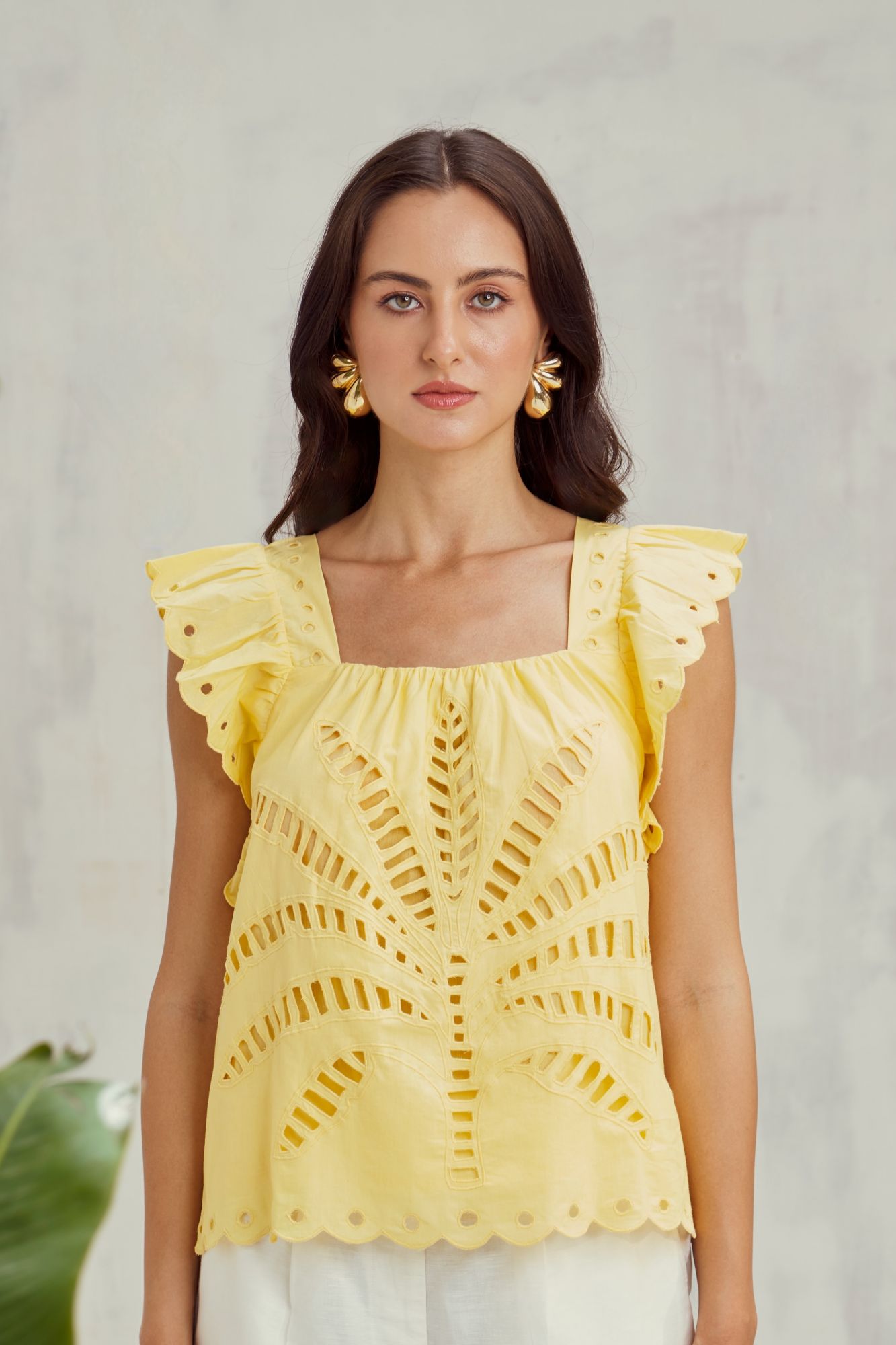 MALIBU-02 PASTEL YELLOW COTTON SUMMER TOP WITH CUTWORK EMBROIDERY