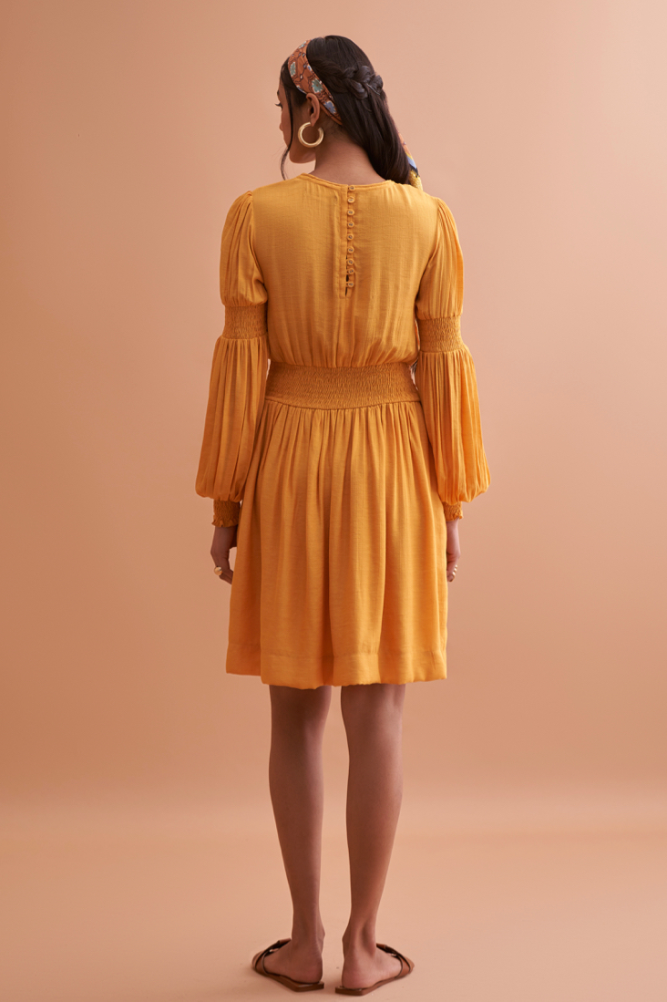 AMALFI SOLID YELLOW TEXTURED RAYON CREPE KNEE LENGTH DRESS WITH HAND EMBROIDERED NECK