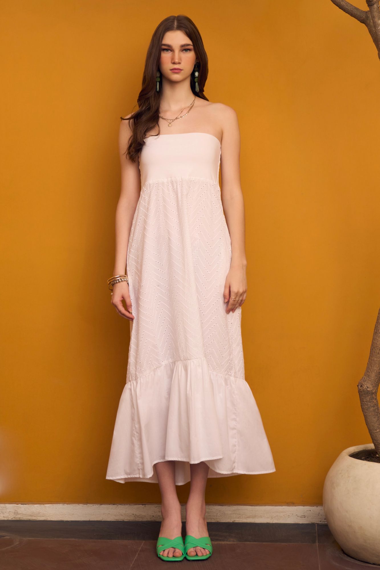 SOLID WHITE COLOR SCHIFFLI MIDI LENGTH FULLY LINED OFF SHOULDER RESORT WEAR DRESS WITH KNITS BODY AND SIDE POCKETS