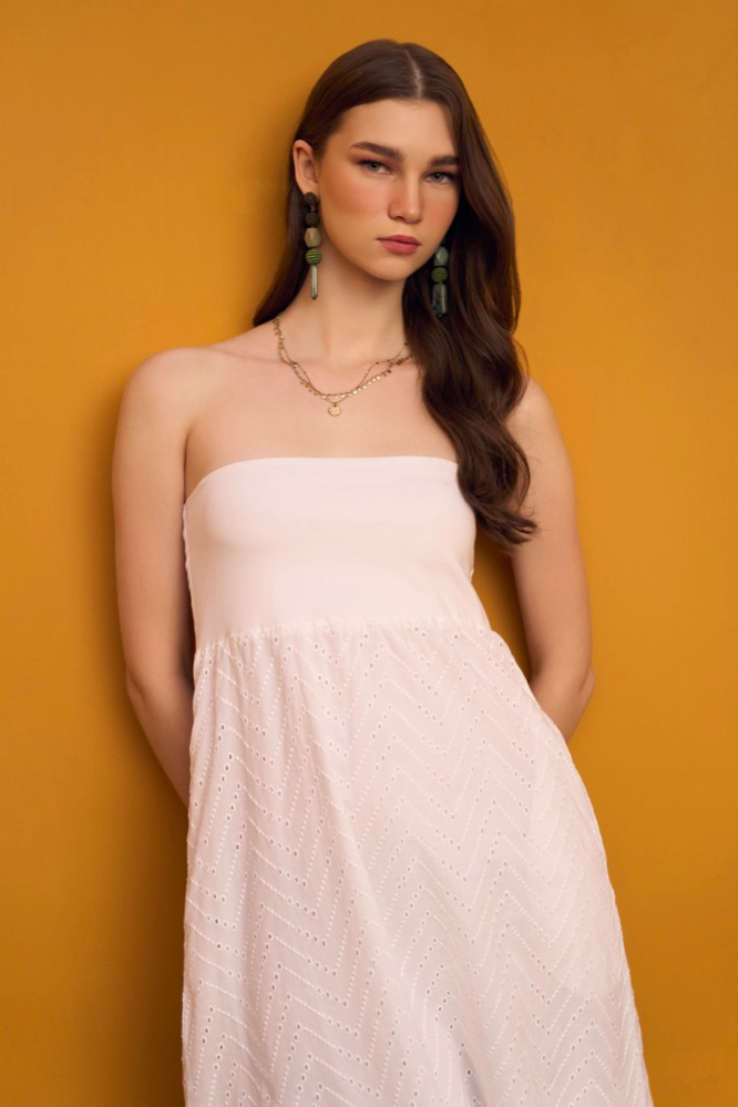 SOLID WHITE COLOR SCHIFFLI MIDI LENGTH FULLY LINED OFF SHOULDER RESORT WEAR DRESS WITH KNITS BODY AND SIDE POCKETS