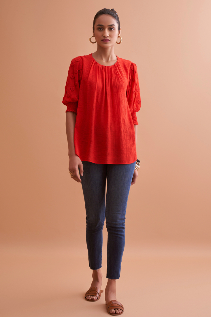 AMALFI SOLID RED RAYON CREPE TEXTURED FABRIC SUMMER TOP WITH HAND EMBROIDERED SLEEVES