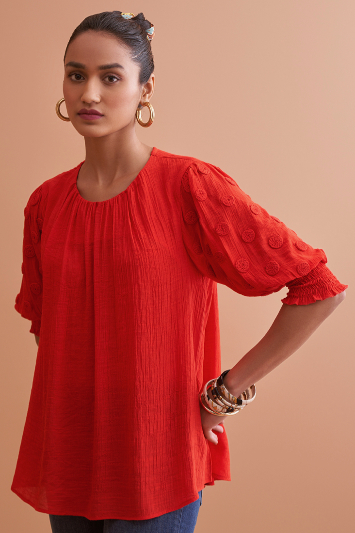 AMALFI SOLID RED RAYON CREPE TEXTURED FABRIC SUMMER TOP WITH HAND EMBROIDERED SLEEVES