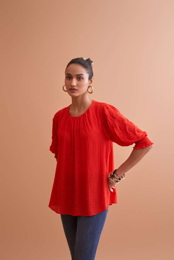 AMALFI SOLID RED RAYON CREPE TEXTURED FABRIC SUMMER TOP WITH HAND EMBROIDERED SLEEVES