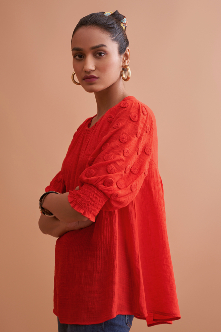 AMALFI SOLID RED RAYON CREPE TEXTURED FABRIC SUMMER TOP WITH HAND EMBROIDERED SLEEVES