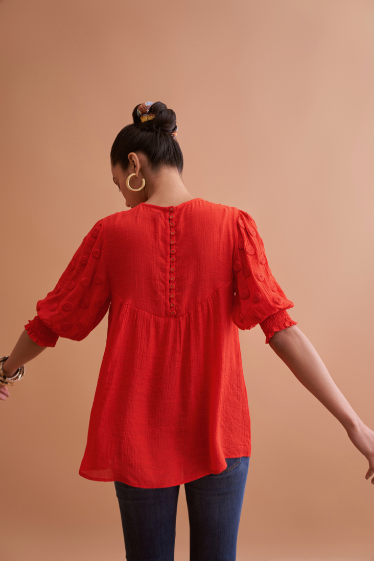 AMALFI SOLID RED RAYON CREPE TEXTURED FABRIC SUMMER TOP WITH HAND EMBROIDERED SLEEVES