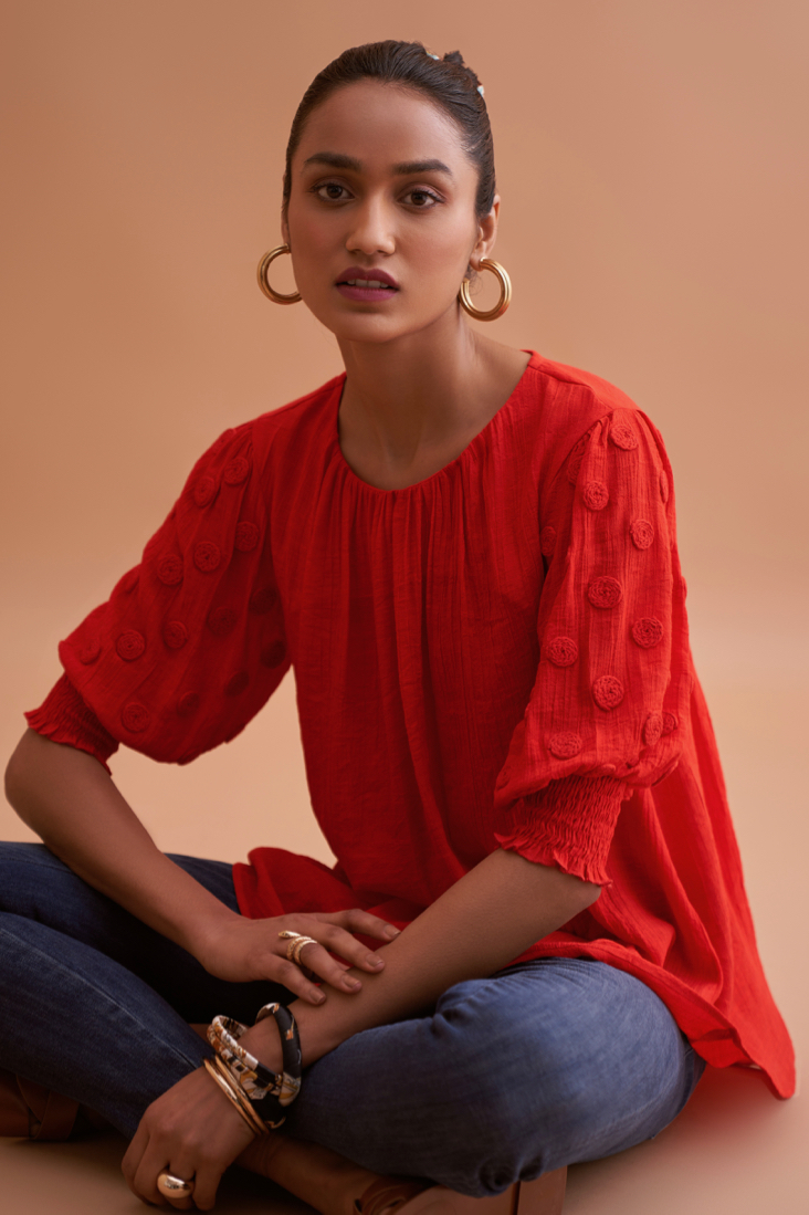 AMALFI SOLID RED RAYON CREPE TEXTURED FABRIC SUMMER TOP WITH HAND EMBROIDERED SLEEVES