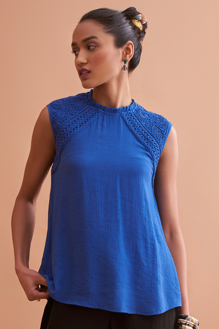 AMALFI SOLID BLUE RAYON CREPE TEXTURED FABRIC SLEEVELESS TOP WITH HAND EMBROIDERY