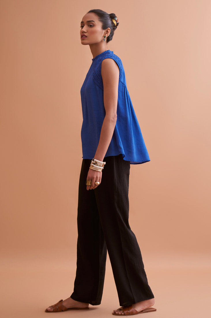 AMALFI SOLID BLUE RAYON CREPE TEXTURED FABRIC SLEEVELESS TOP WITH HAND EMBROIDERY