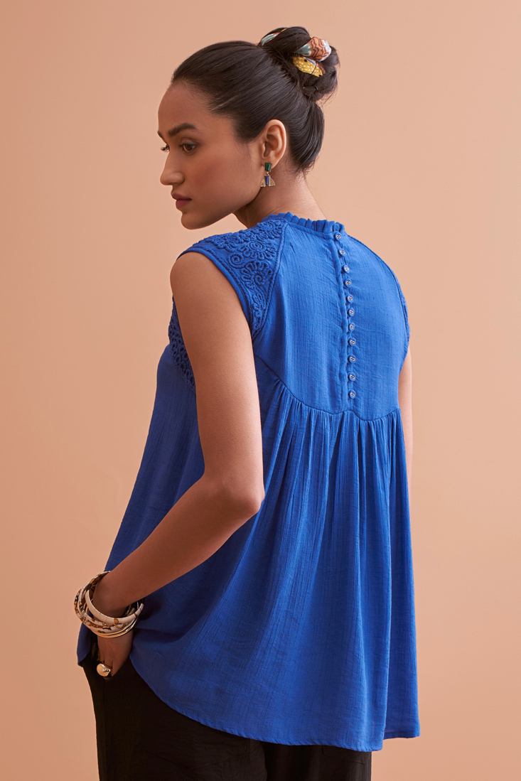 AMALFI SOLID BLUE RAYON CREPE TEXTURED FABRIC SLEEVELESS TOP WITH HAND EMBROIDERY