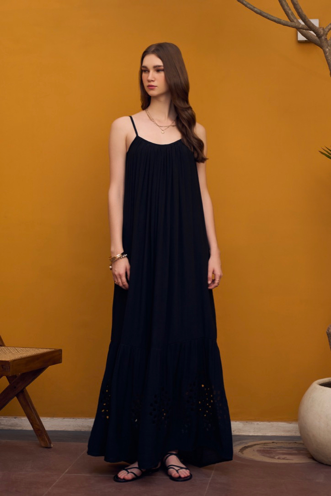SOLID BLACK TEXTURED RAYON CREPE SLEEVELESS MAXI DRESS WITH POCKETS AND CUTWORK HAND EMBROIDERY AT HEM