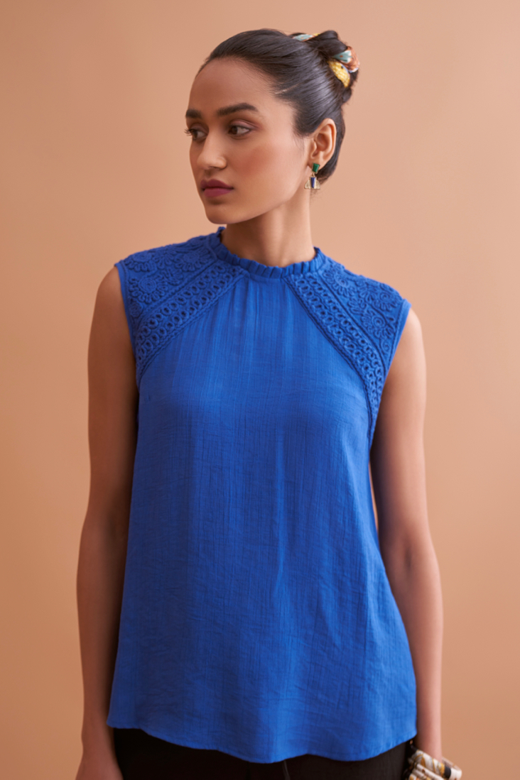 AMALFI SOLID BLUE RAYON CREPE TEXTURED FABRIC SLEEVELESS TOP WITH HAND EMBROIDERY