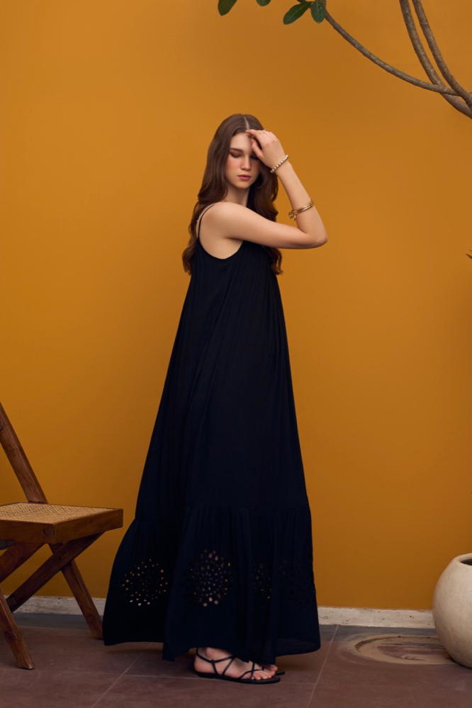 SOLID BLACK TEXTURED RAYON CREPE SLEEVELESS MAXI DRESS WITH POCKETS AND CUTWORK HAND EMBROIDERY AT HEM