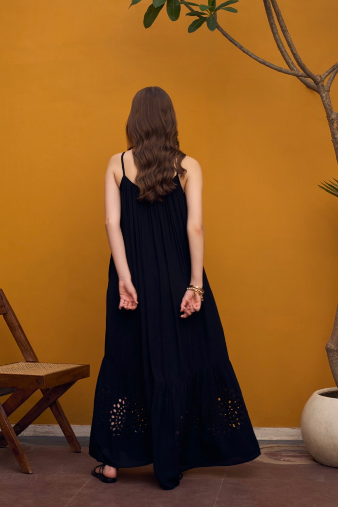 SOLID BLACK TEXTURED RAYON CREPE SLEEVELESS MAXI DRESS WITH POCKETS AND CUTWORK HAND EMBROIDERY AT HEM