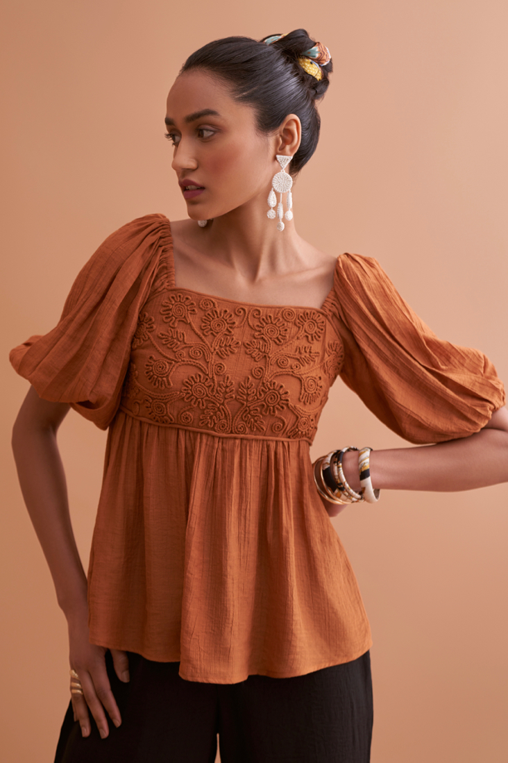 AMALFI SOLID BROWN RAYON CREPE TEXTURED FABRIC SUMMER TOP WITH SHORT SLEEVES AND EMBROIDERED NECK